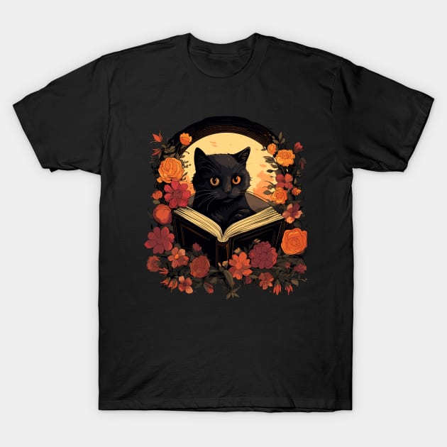 Floral Black Cat And Book Catshirt T-Shirt by VisionDesigner